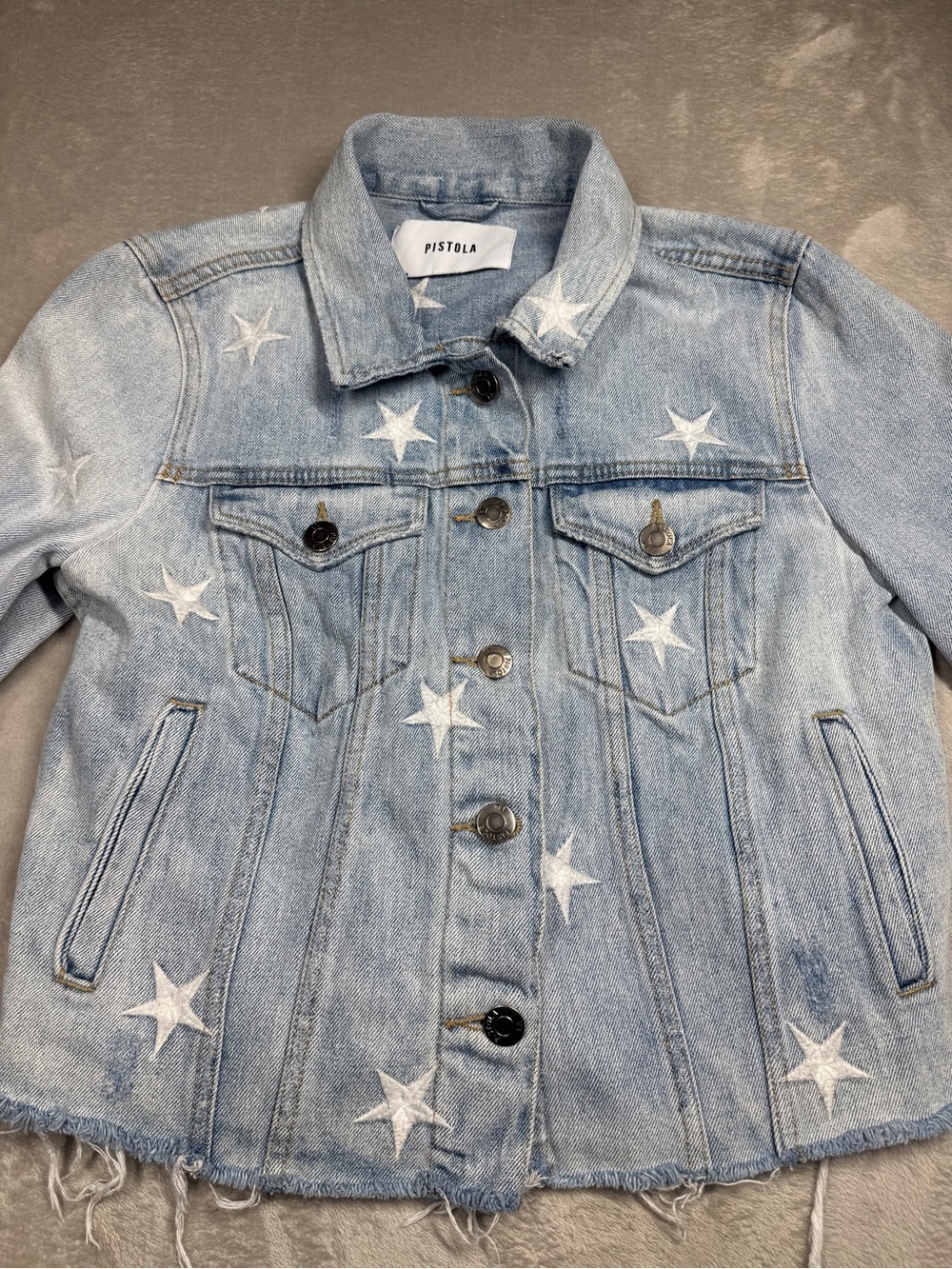 Pistola Brando Embroidered Star Distressed Cut Off Denim Blue Jean Jacket Small - Picture 5 of 15